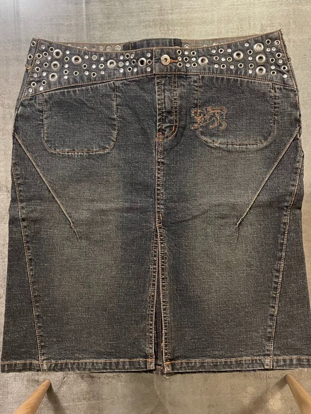 PARASUCO Jeans Dark Wash Denim Mini Skirt with Grommet Embellished Waistband